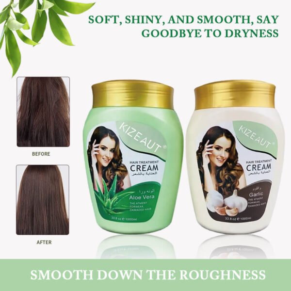 Our 1000ml jumbo-sized KIZEAUT hair mask provides two essential formulas including aloe vera and garlic variants.