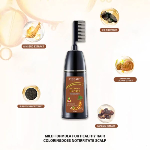 KIZEAUT 3 in 1 Dark Brown Hair Dye Shampoo with Built-in Comb
