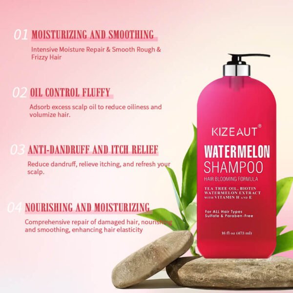 KIZEAUT Watermelon Refreshing Shampoo calms dry hair and flattens lifted rough hair cuticles efficiently.