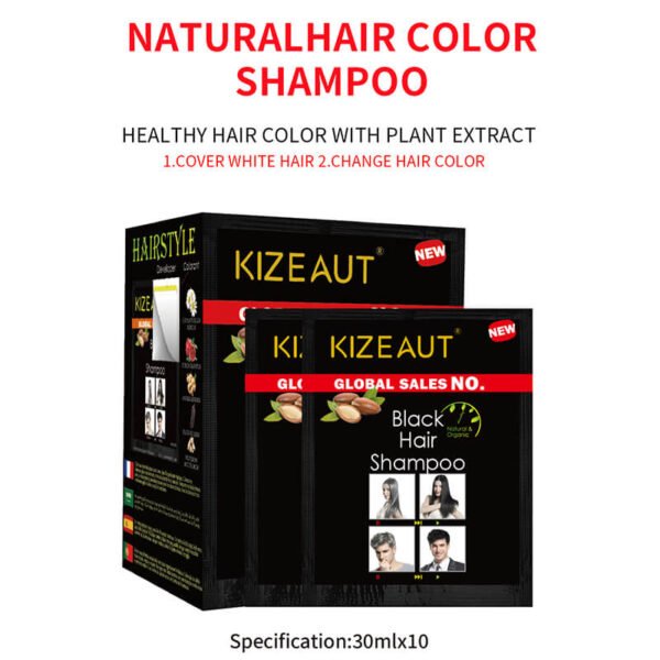 KIZEAUT Sachet Black Hair Shampoo, Plant-Based Grey Hair Coverage One-Step Black Hair Dye