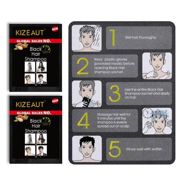 KIZEAUT Sachet Black Hair Shampoo, Plant-Based Grey Hair Coverage One-Step Black Hair Dye