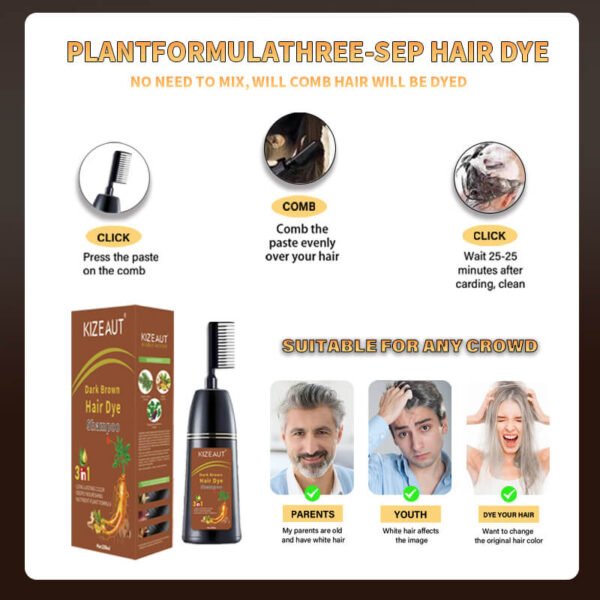KIZEAUT 3 in 1 Dark Brown Hair Dye Shampoo with Built-in Comb