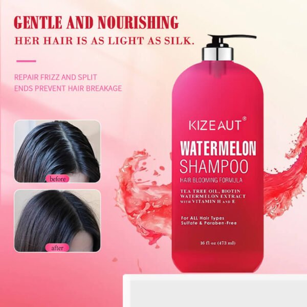 KIZEAUT Watermelon Refreshing Shampoo calms dry hair and flattens lifted rough hair cuticles efficiently.